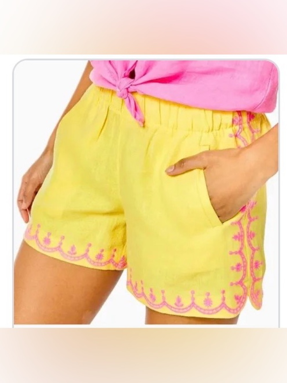 NWOT Lilly Pulitzer Laryn Linen Shorts in Calla Yellow Embroidered Women's Sz M
